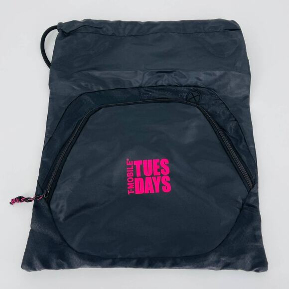 T-Mobile Black Lightweight Drawstring Backpack Zipper Compartment Pink Logo -New - Picture 4 of 8
